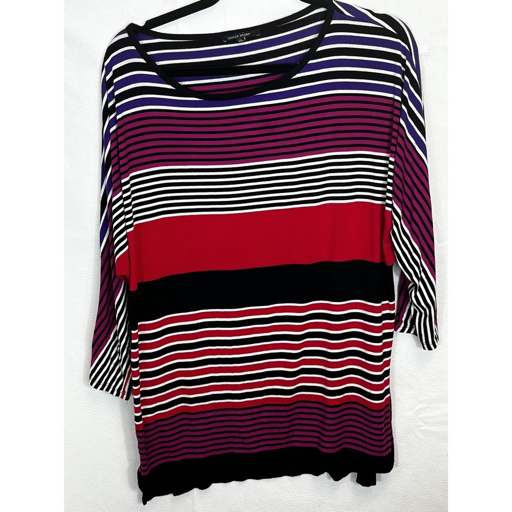 Chaus Sport Women's Size  L Multicolor 3/4 Sleeves Drape Red Black Purple Stripe